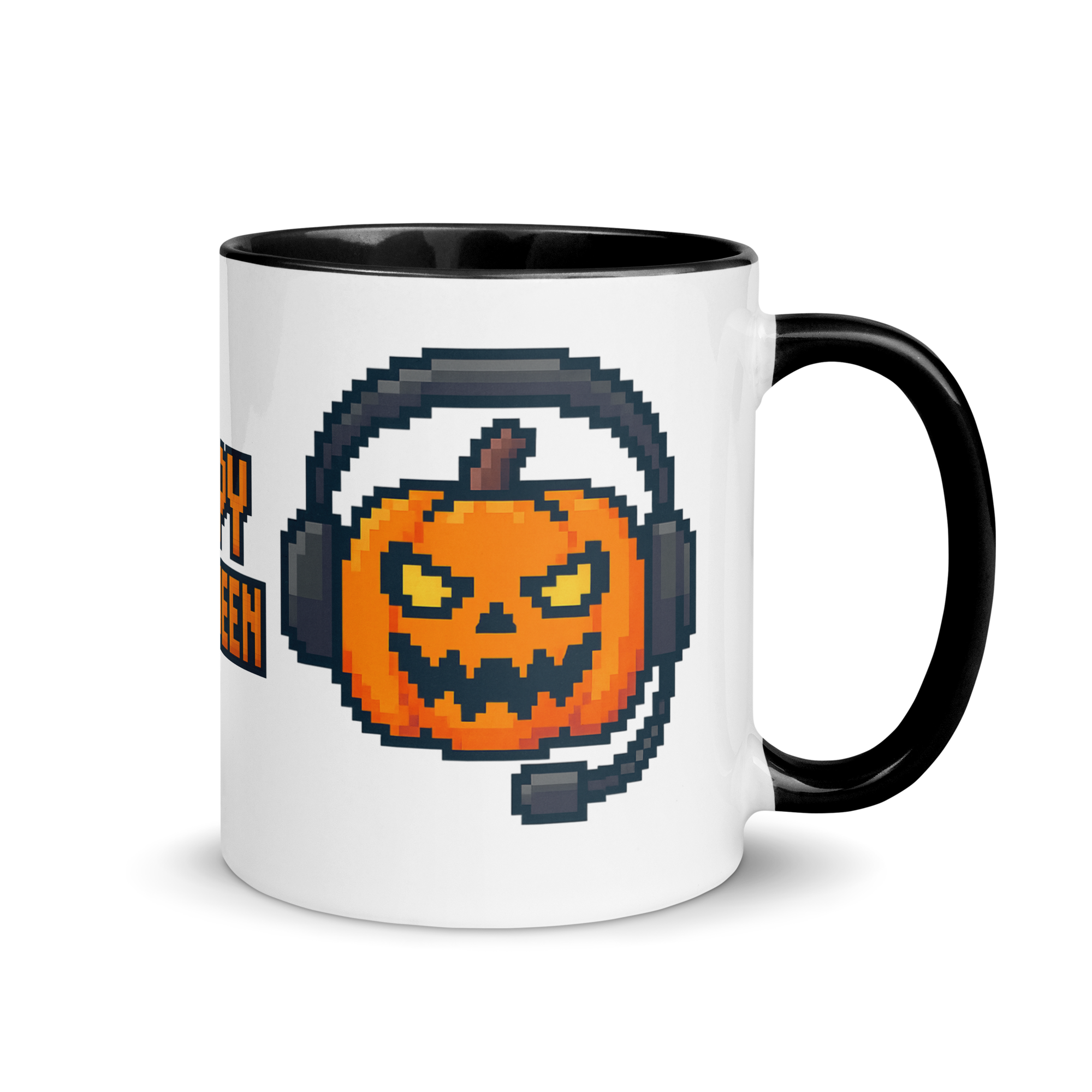 Happy Halloween pixel art mug with spooky pumpkin headset design