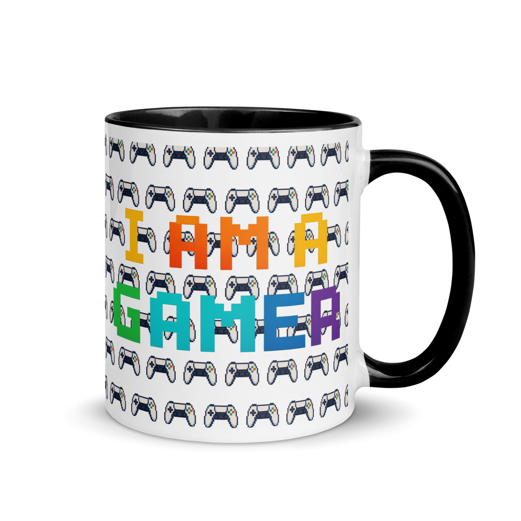 Pixel art gamer coffee mug with controller pattern – fun gaming gift idea