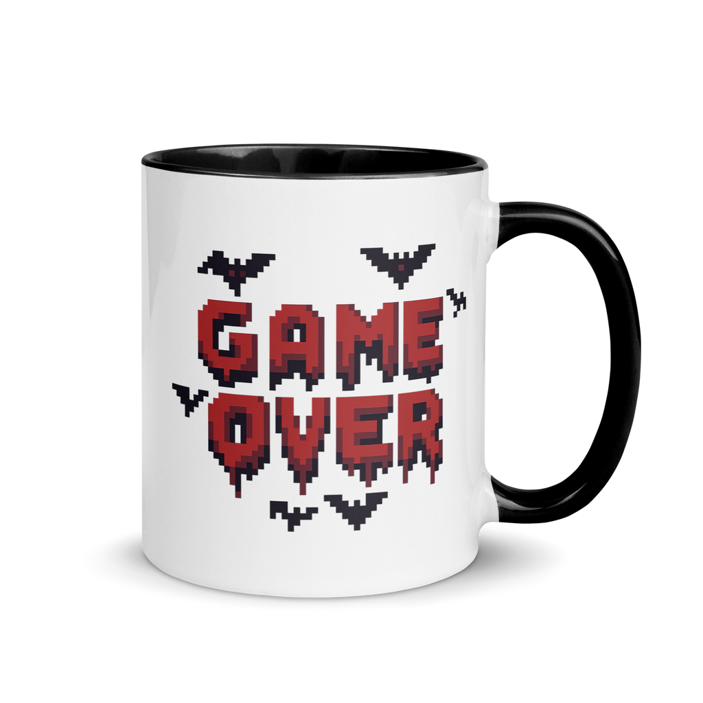 Spooky pixel art gamer mug with retro Game Over text – Halloween gift