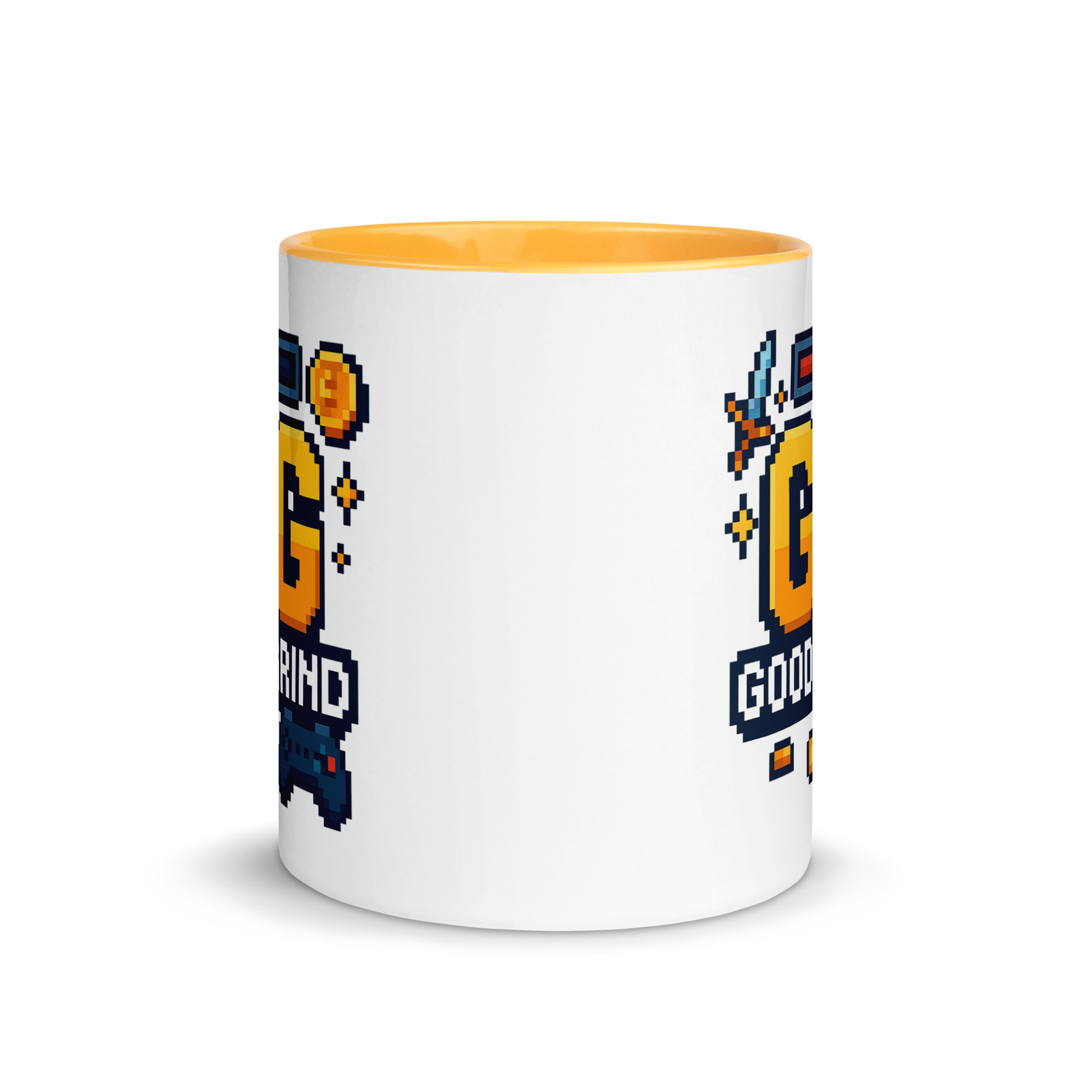 Pixel art gamer mug – GG good grind design with gaming symbols