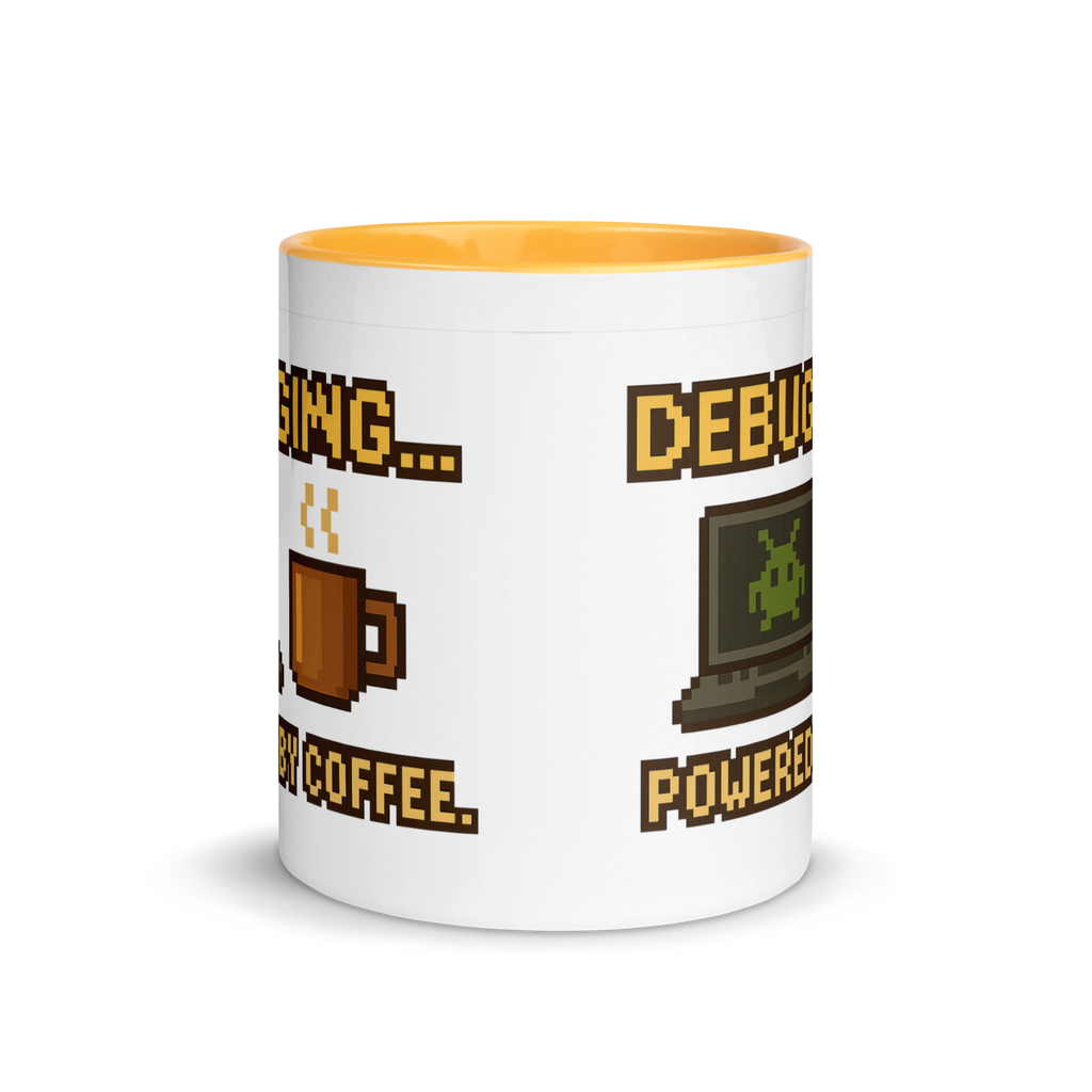 Funny debugging mug – powered by coffee pixel art design for programmers