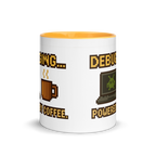 Funny debugging mug – powered by coffee pixel art design for programmers