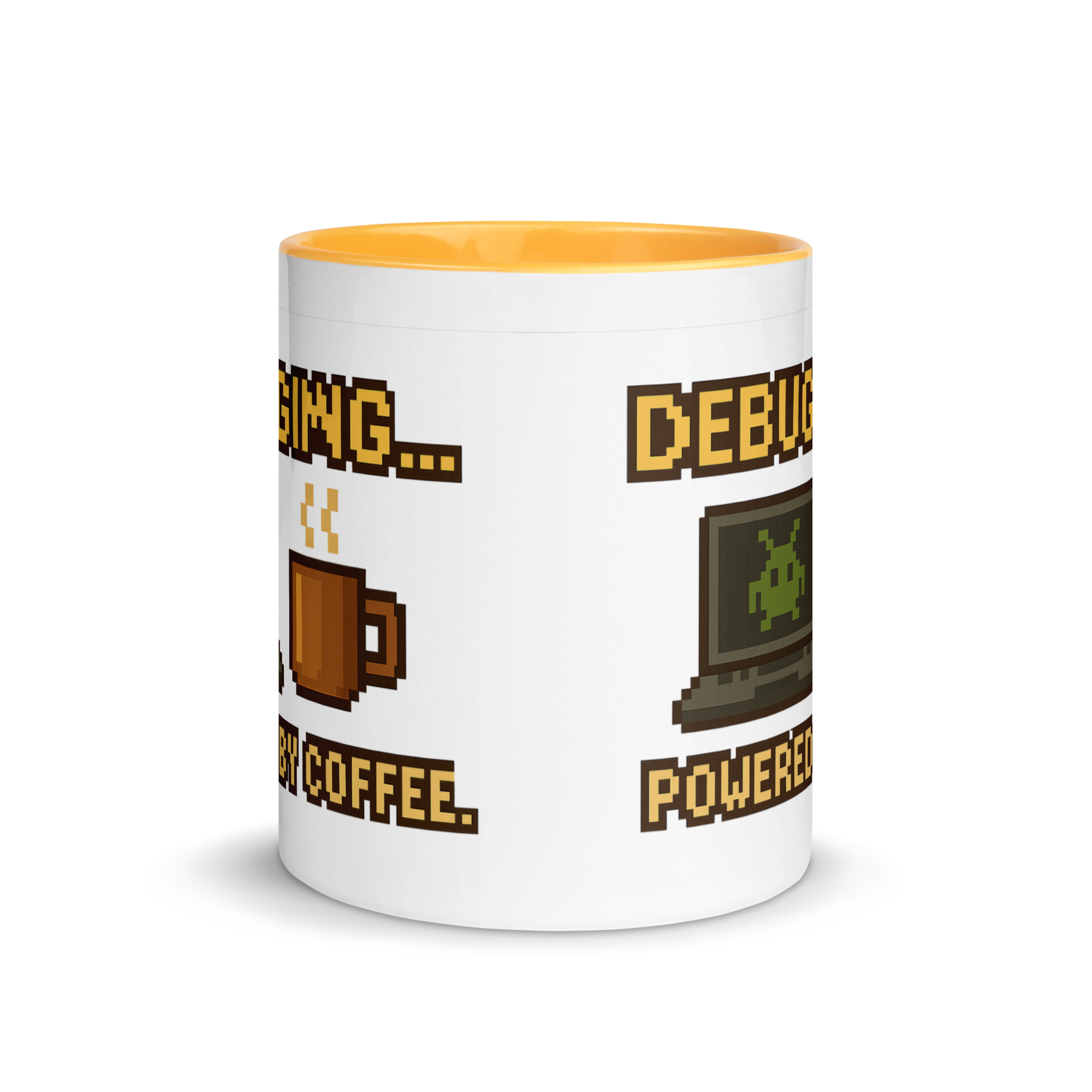 Funny debugging mug – powered by coffee pixel art design for programmers