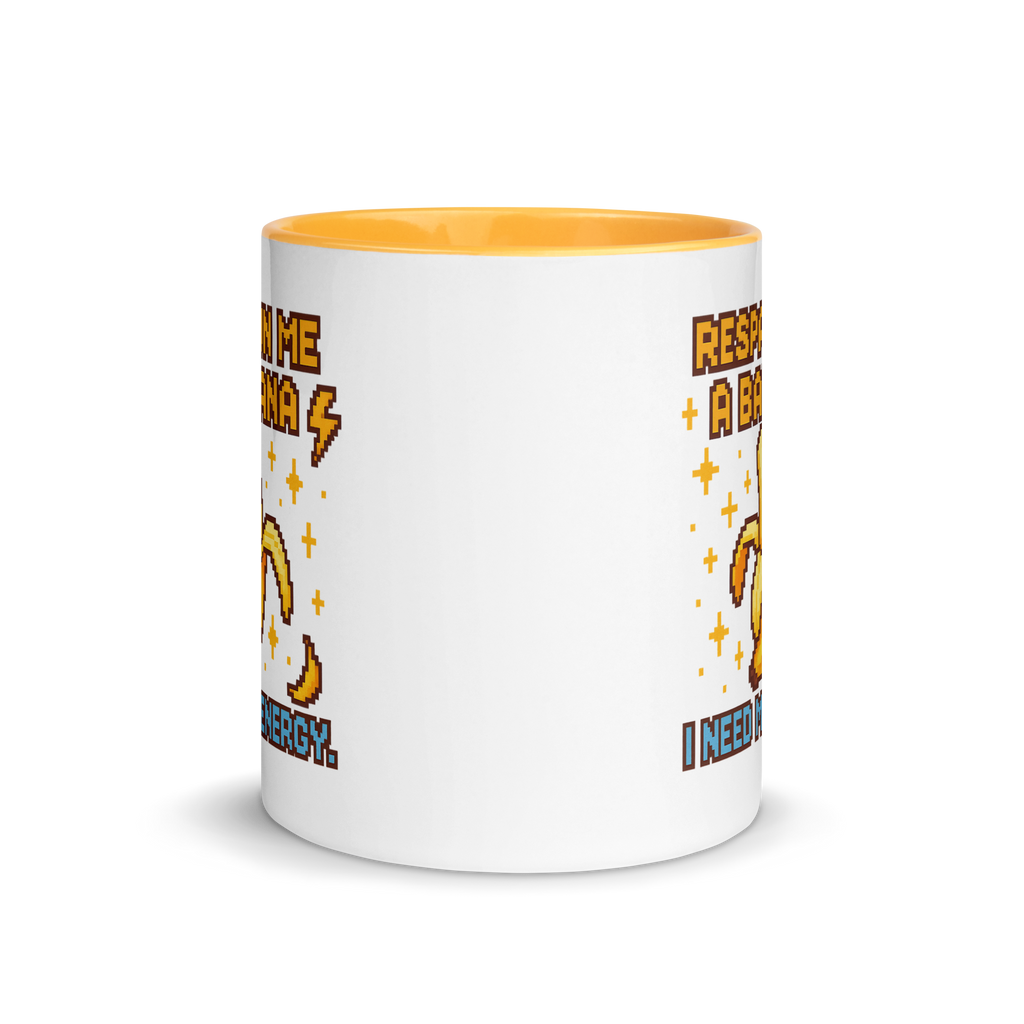 Gamer coffee mug with pixel art banana design – need my energy quote