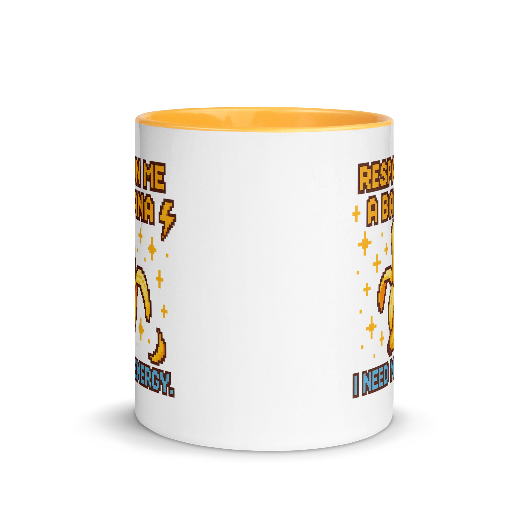 Gamer coffee mug with pixel art banana design – need my energy quote