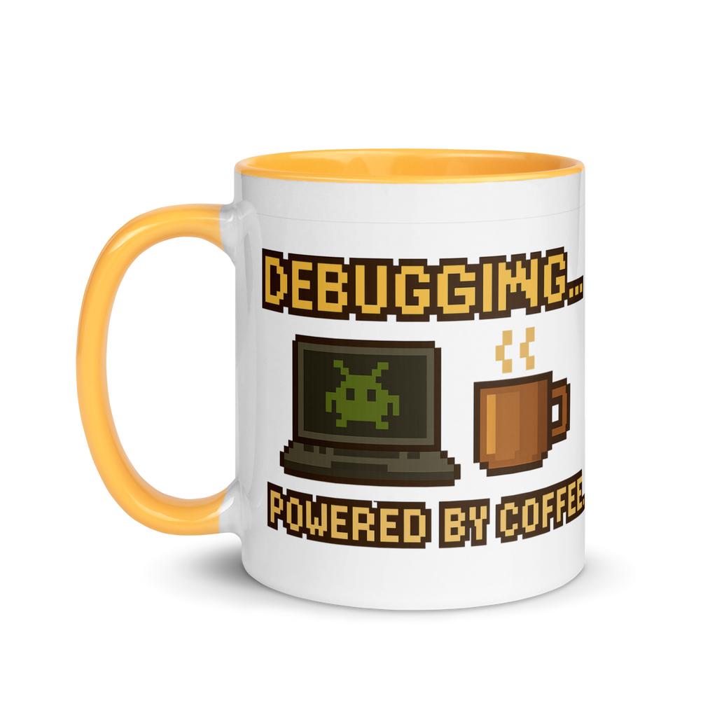 Developer coffee mug with debugging quote – retro pixel art gift