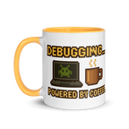 Developer coffee mug with debugging quote – retro pixel art gift