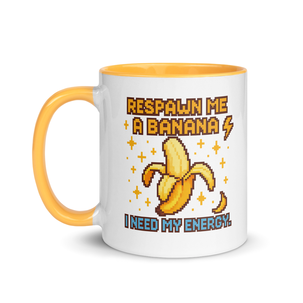 Funny pixel art banana gamer mug – humorous energy coffee cup