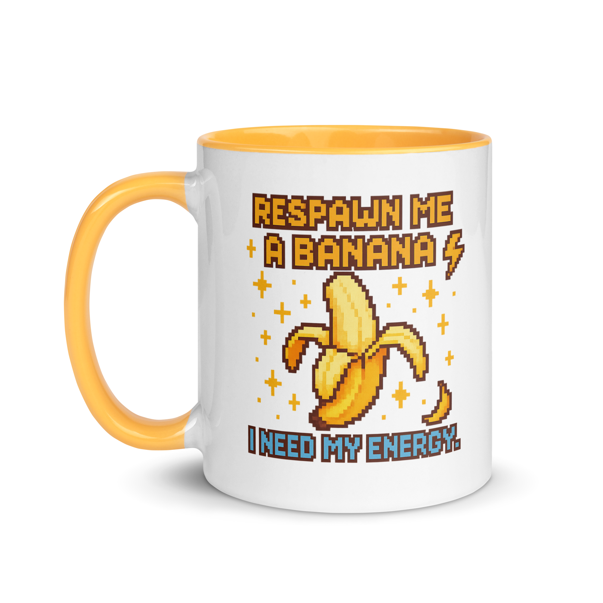 Funny pixel art banana gamer mug – humorous energy coffee cup