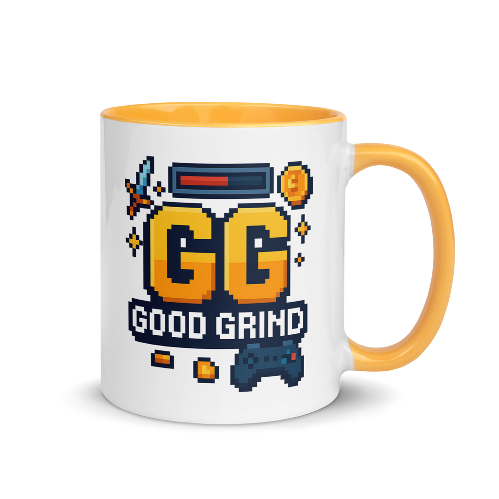 GG good grind mug – pixel art gamer coffee cup with retro icons