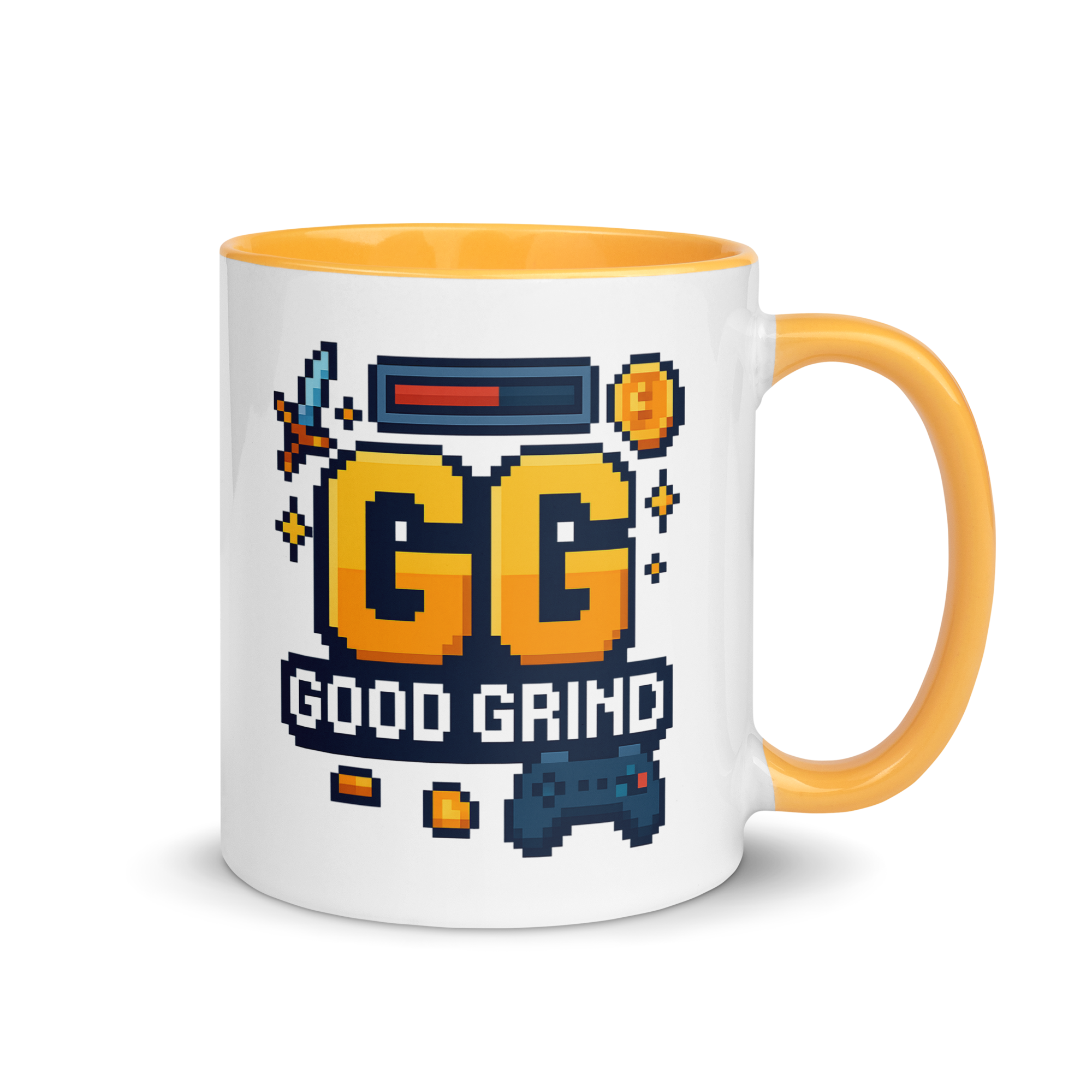 GG good grind mug – pixel art gamer coffee cup with retro icons