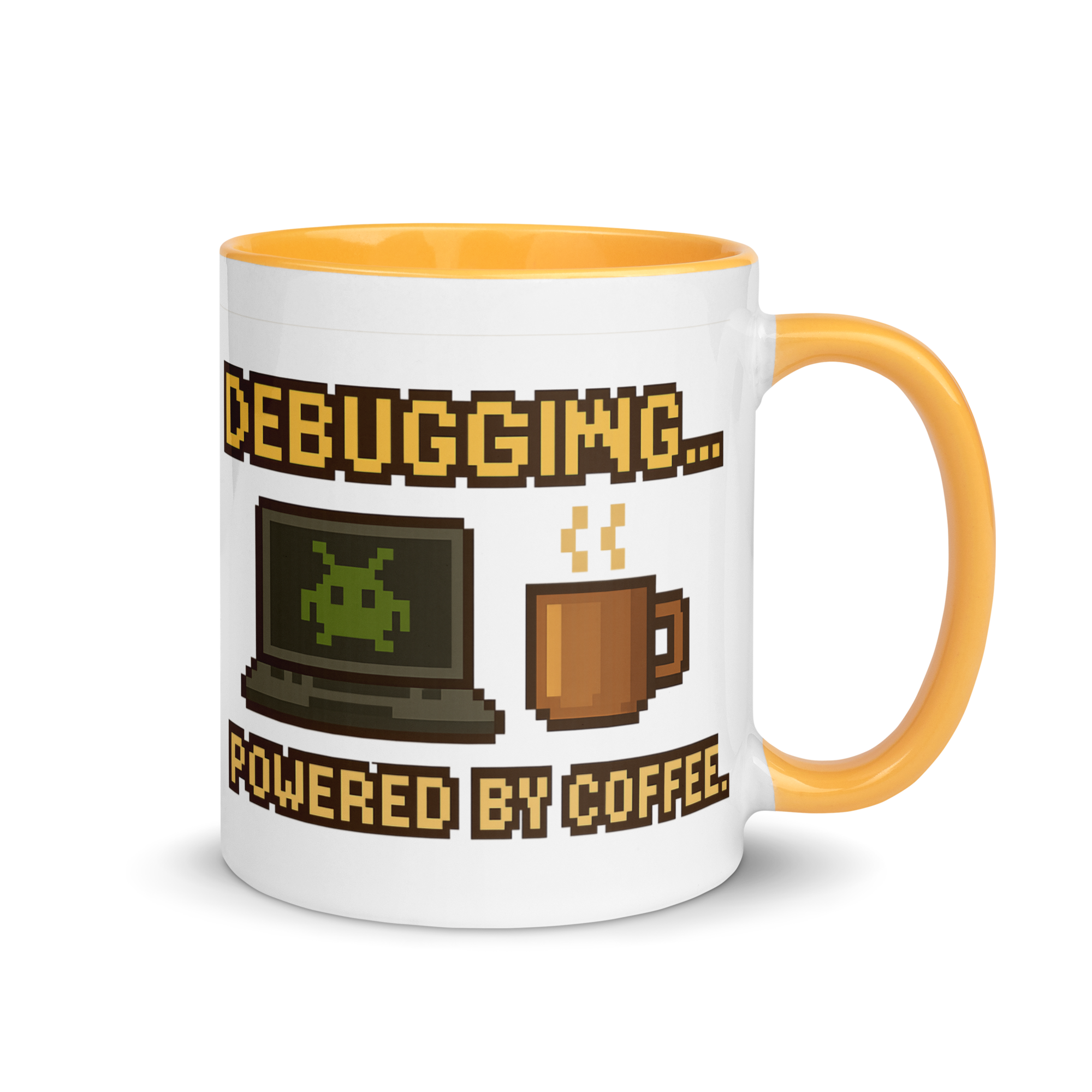 Debugging powered by coffee mug – pixel art developer coffee cup