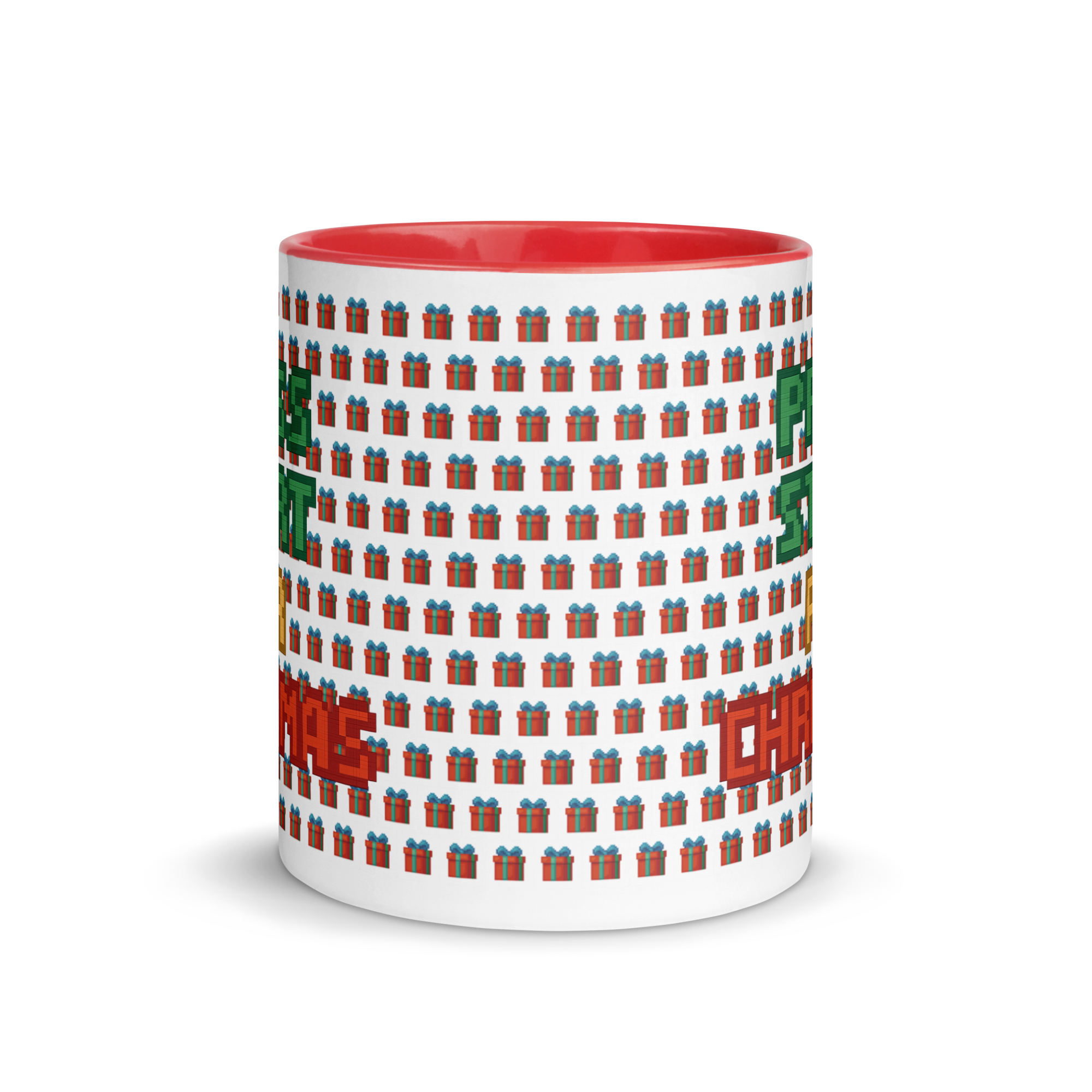 Festive gamer coffee mug with 16-bit pixel art text Press Start for Christmas