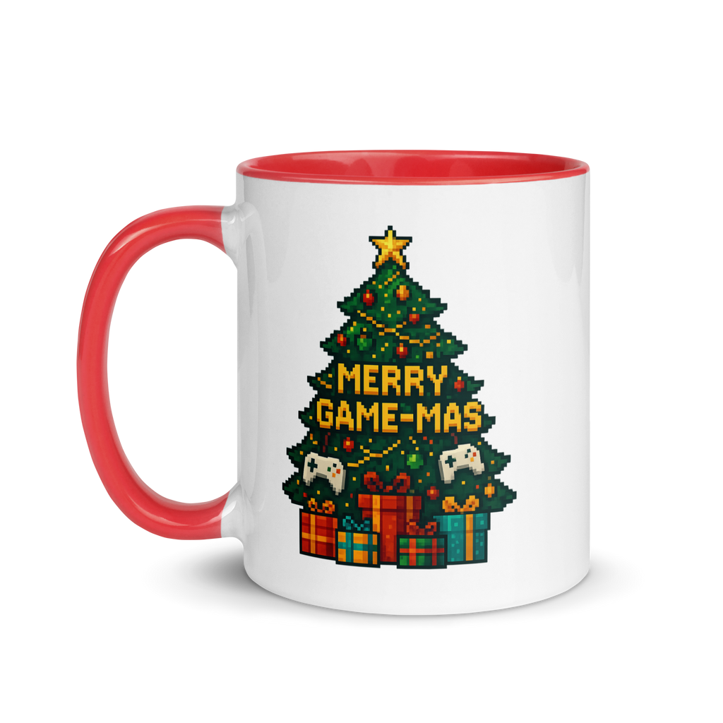 Funny festive gamer coffee mug with retro pixel art Christmas tree
