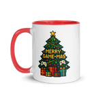 Funny festive gamer coffee mug with retro pixel art Christmas tree