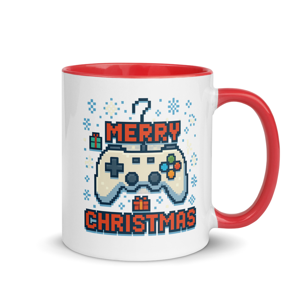 Merry Christmas pixel art mug with retro game controller design – holiday gift