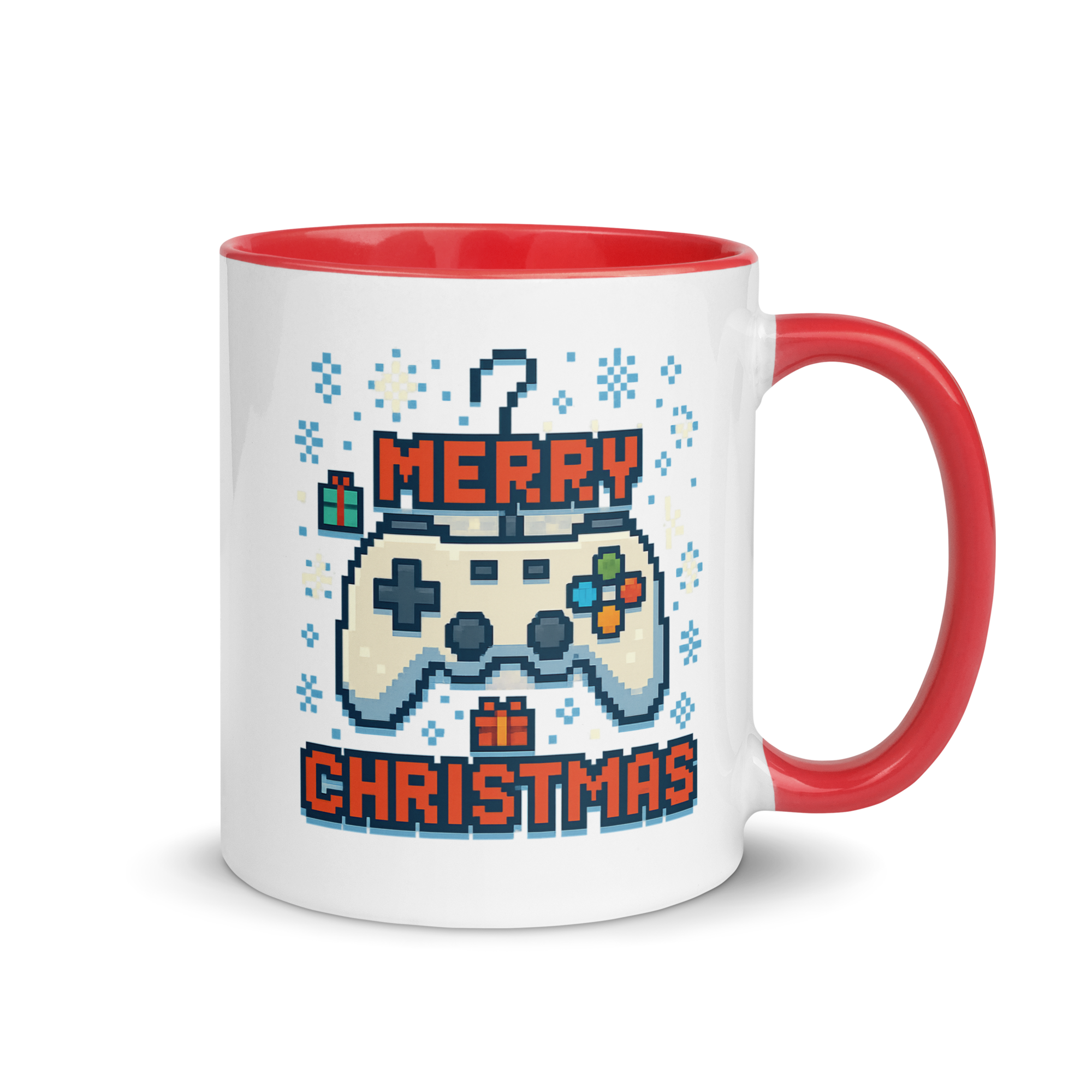 Merry Christmas pixel art mug with retro game controller design – holiday gift