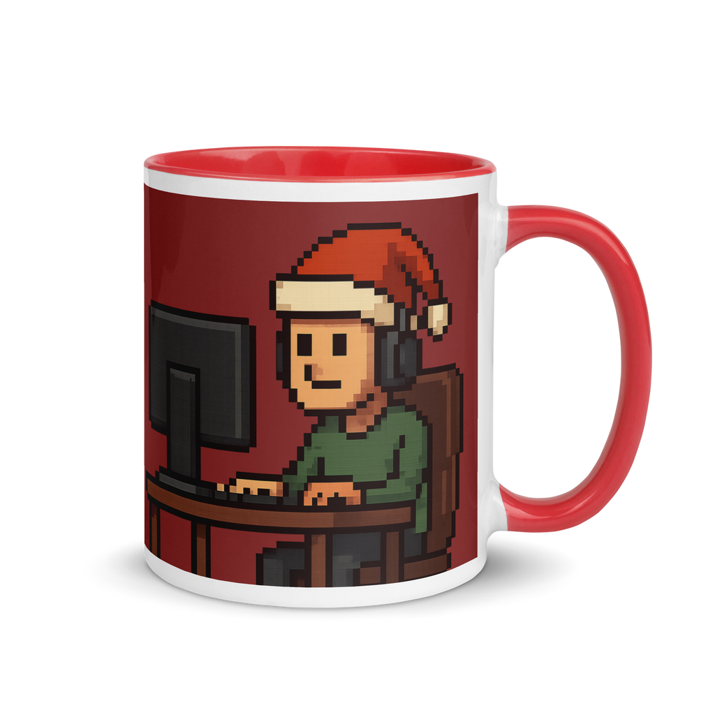 Gamer coffee mug with Christmas pixel art character at desk – fun holiday design