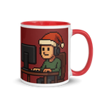 Gamer coffee mug with Christmas pixel art character at desk – fun holiday design