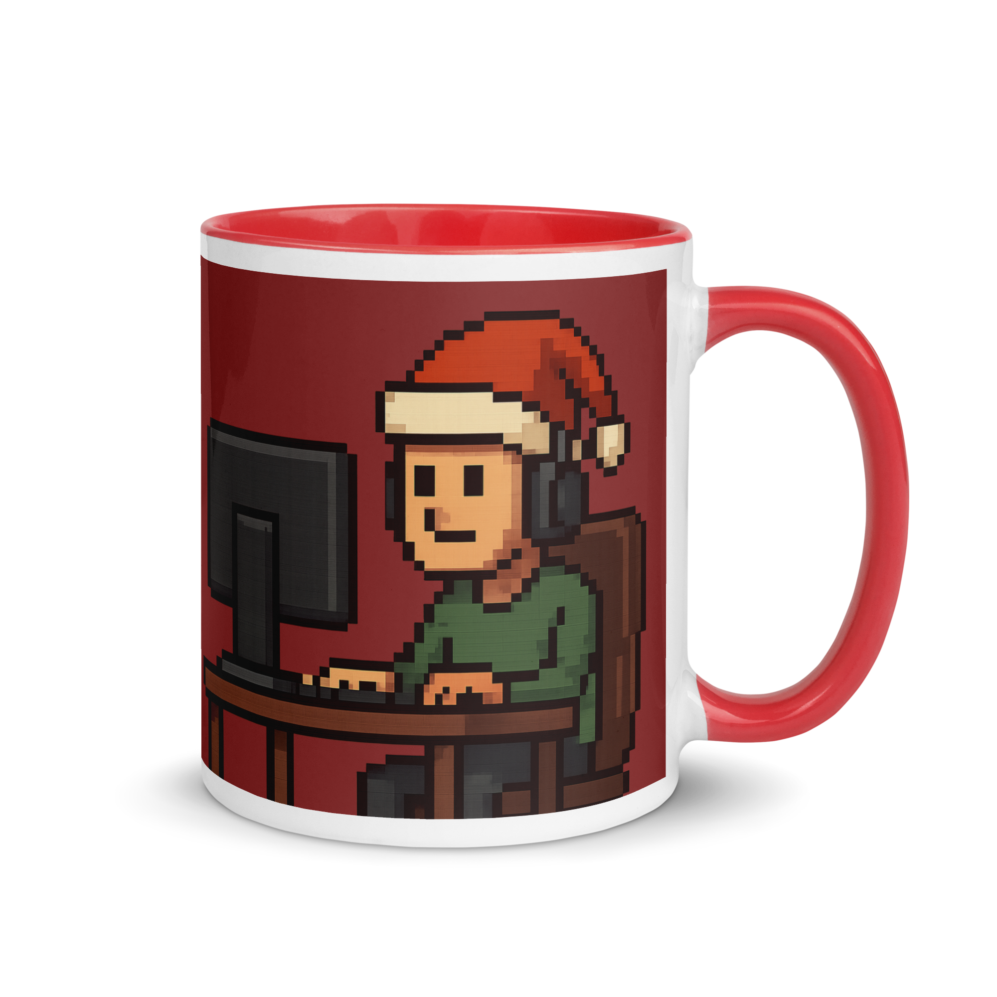 Gamer coffee mug with Christmas pixel art character at desk – fun holiday design